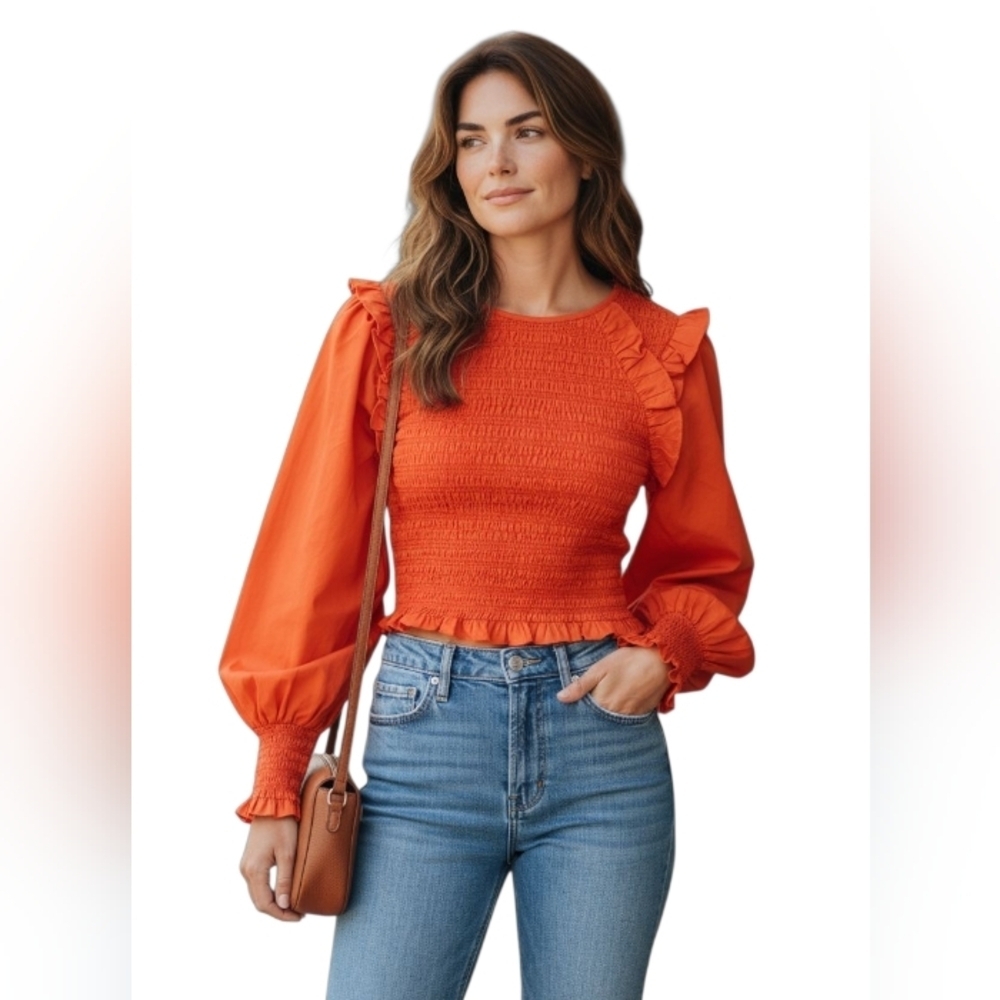 En Saison Orange Smocked Ruffle Balloon Sleeve Blouse Cottagecore Romantic small